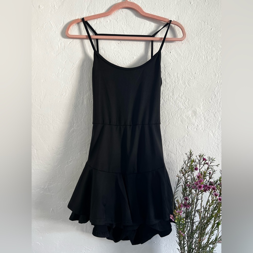 SHEIN Black Spaghetti-Strap Ruffle-Hem Mini Romper